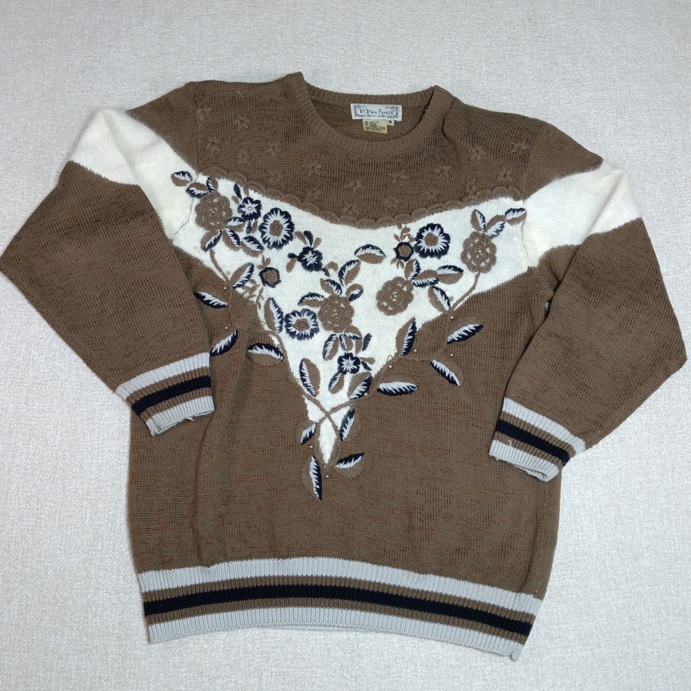 VTG Vivien Forest Brown Floral Embroidered Angora Blend Sweater Womens S READ